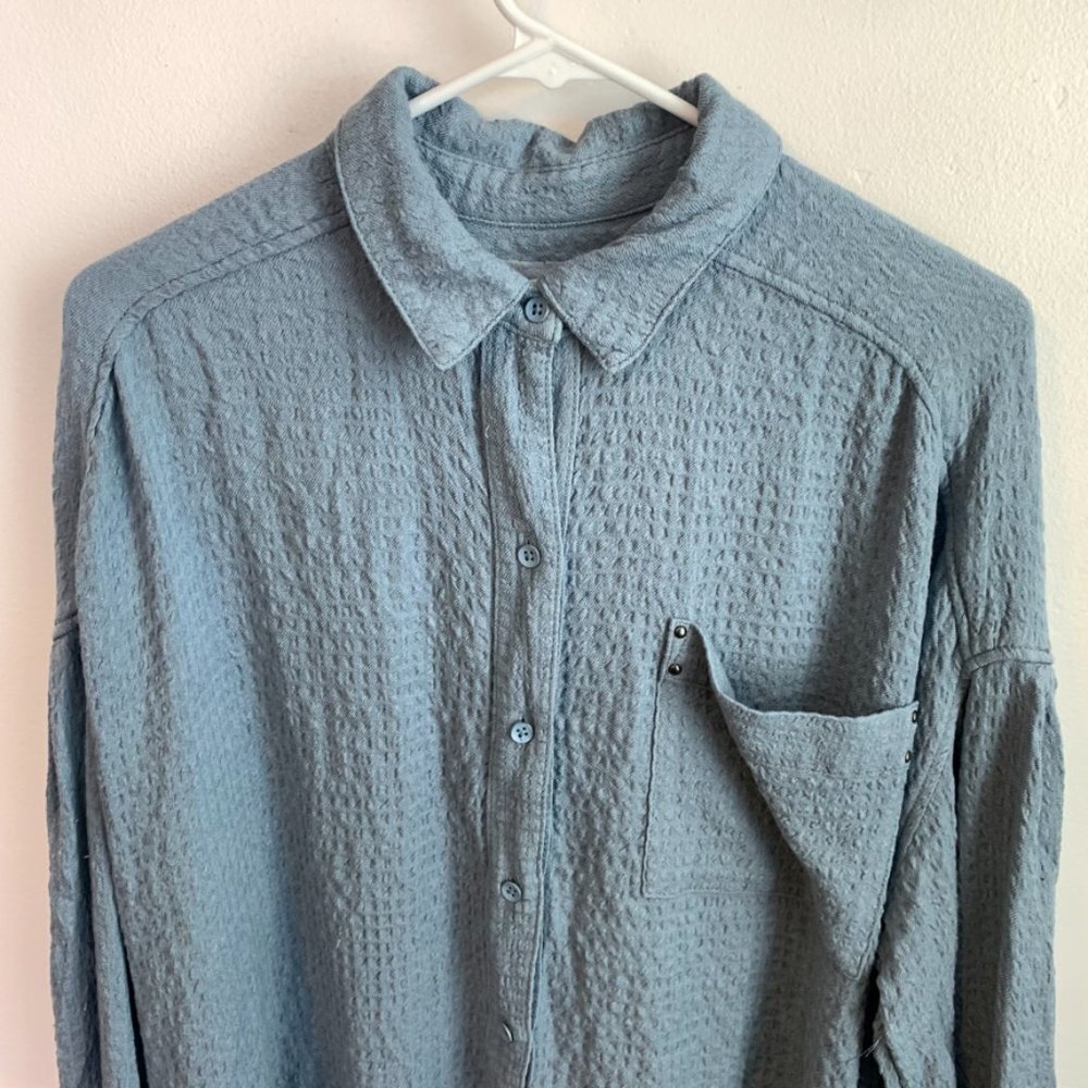 Free People Blue Solid Hidden Valley Button Down Long Sleeve Shirt - Picture 7 of 8